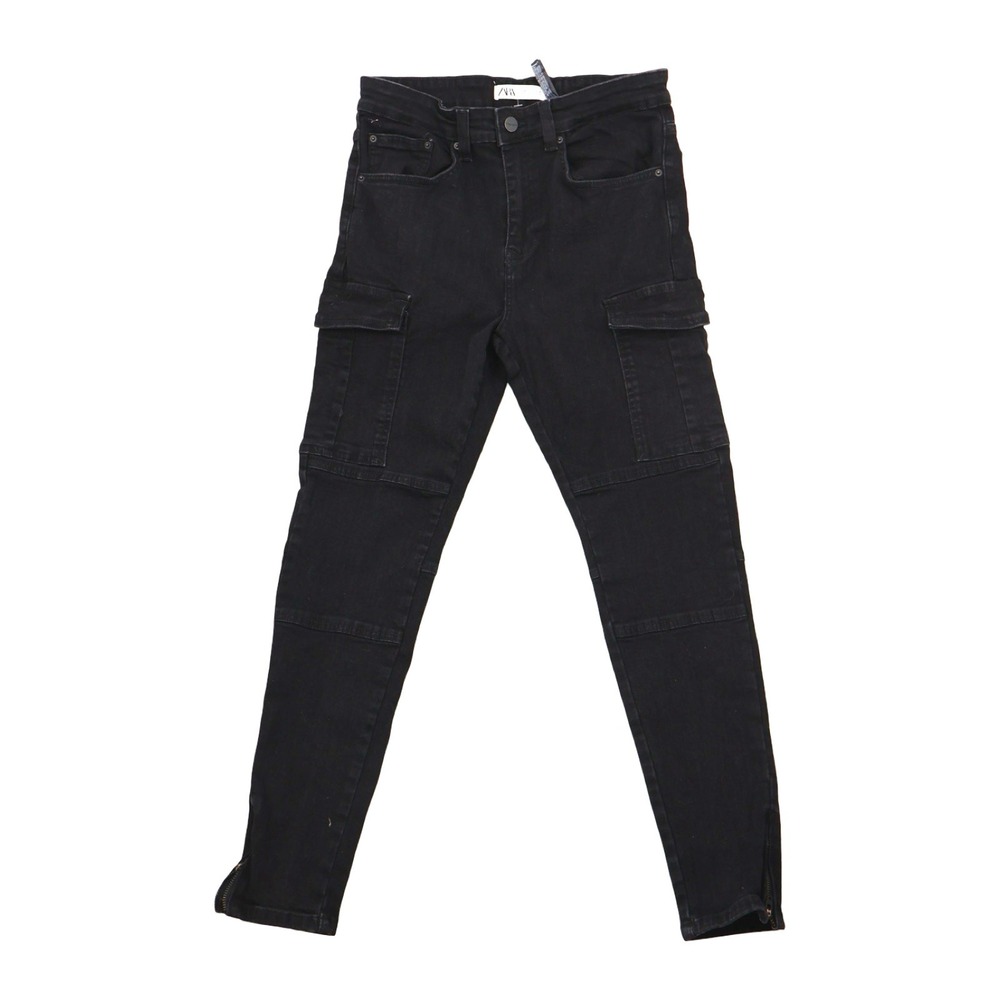 Zara Black‎ Cargo Skinny Jeans 31 Ankle Zip Utility Stretch Denim Pants